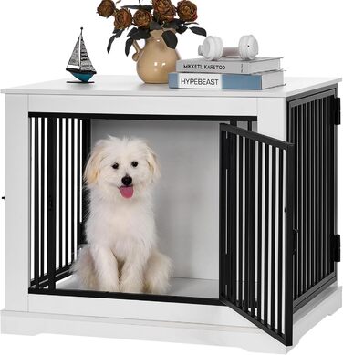 BEWISHOME Клітка для собак, 81 см, Біла, з 3 дверцятами, для дому, з функцією столику, для маленьких/середніх собак, EMGL03W