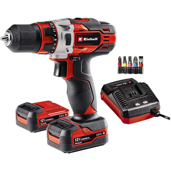 Акумуляторний дриль-шуруповерт Einhell TE-CD 12/1 Li (2x2.0Ah) – Li-Ion, 12V, 2-швидкісний, LED, металеве редуктор, зарядний пристрій + 2x2.0Ah акумулятори