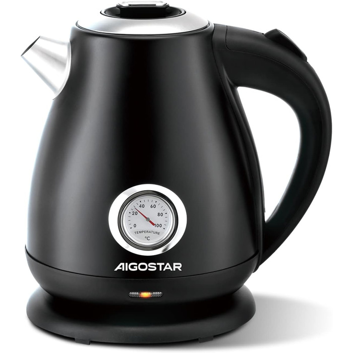 Електричний чайник Aigostar Adrian Retro з нержавіючої сталі, 1.7л, 2200W, аналоговий термометр, LED-підсвічування, автоматичне відключення, чорний
