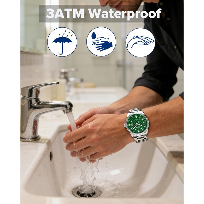 Чоловічий годинник CIVO з нержавіючої сталі: аналоговий бізнес-годинник з датою, що світиться - водонепроникний для роботи та відпочинку - стильний подарунок для чоловіків (сріблястий, зелений)