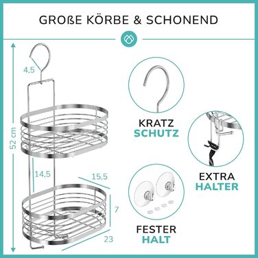 Shower shelf for hanging with 3-fold anti-rust protection incl. free razor holder, suction cups & spacers - Flexible hanging shower basket - Premium hanging shower shelf without drilling