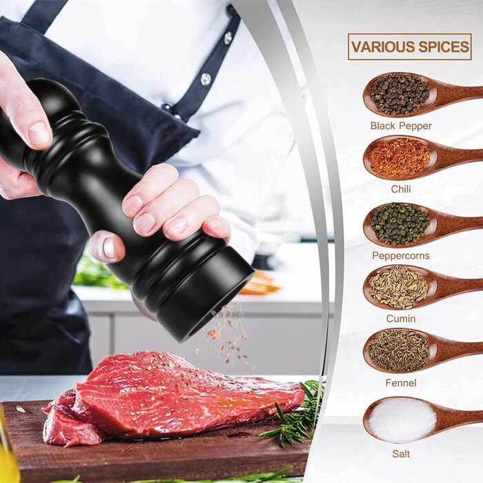 Набір з 2 мельниць для солі та перцю (соль, перець, чилі) - ручні, дерев'яні, з регулюванням помелу, класичний дизайн, чорний та білий