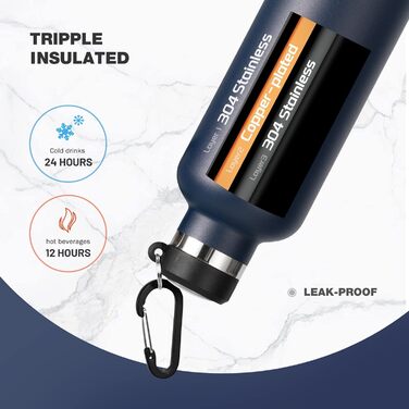 FEIJIAN FJbottle 316 Stainless Steel Vacuum-Insulated Water Bottle 750ml/1000ml with Carabiner, BPA-Free Bottles, Leak-Proof Sports Bottle for Sports, Work, and Travel