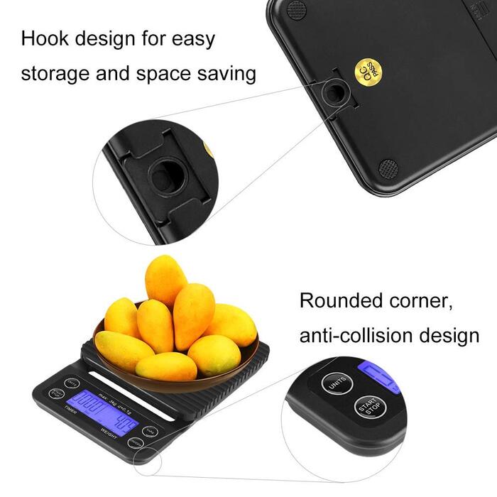 Кухонні ваги цифрові 3 кг/0,1 г з LCD дисплеєм, функцією тарування та таймером, чорного кольору.
