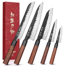 Набір ножів HEZHEN Santoku (5 предметів) 18.5 см, сталь Дамаск, японський стиль Gyuto, дерев'яна рукоятка