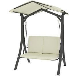 Outsunny Hollywood Swing with Adjustable Sun Canopy and Seat Cushion, Protective Cover, 2-Seater Garden Swing, Weight Capacity up to 220kg, UV 30+ Swing Bench for Garden, Patio, 150x120x182cm, Cream White | Aosom