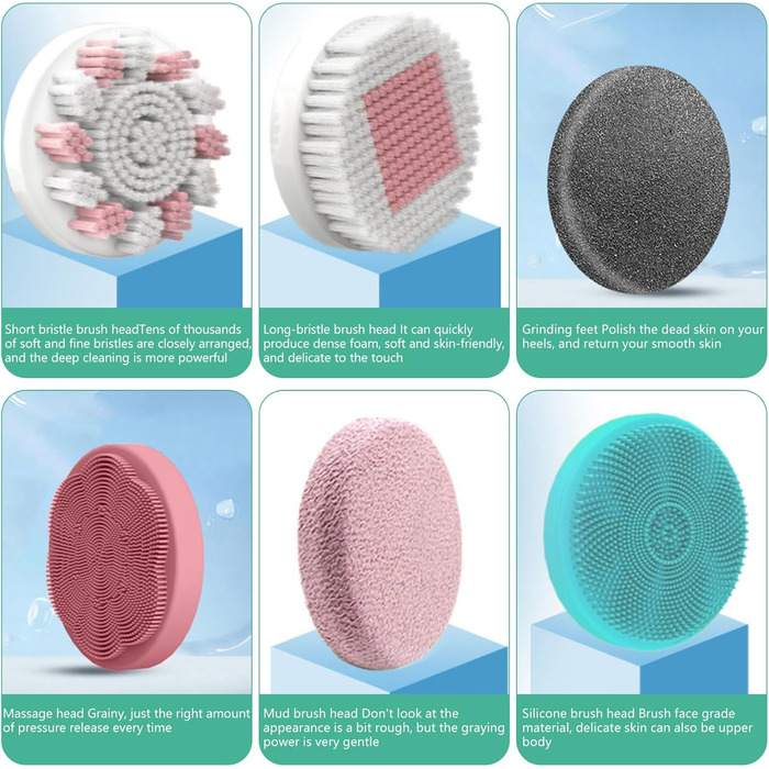 Електрична щітка для спини 6-в-1: для тіла, душу, педикюру. 6 насадок, довга ручка, масаж, пілінг (блакитна)