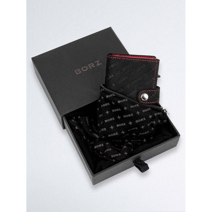 Крутий чохол-картхолдер BORZ Prime для AirTag з відділенням для монет, цифровою візитною карткою, захистом RFID, карбоном та червоною строчкою. Slim, шкіряний, з червоною строчкою.