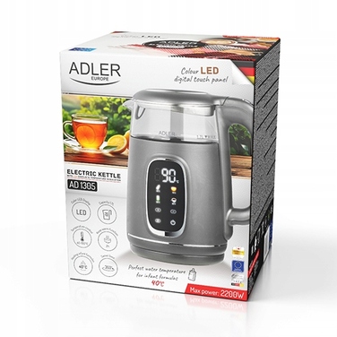 Скляний електричний чайник Adler з LED-підсвіткою, 1,7 л, 2200 Вт, з регулюванням температури
