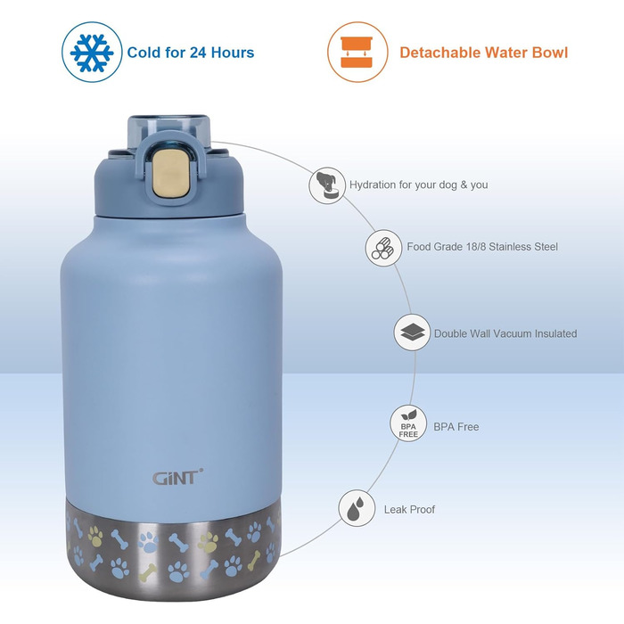 GiNT Ізольована пляшка для води з нержавіючої сталі для собак та людей, туристичний набір з мисками та сумкою, не протікає, для прогулянок, походів, кемпінгу, авто (Блакитний)