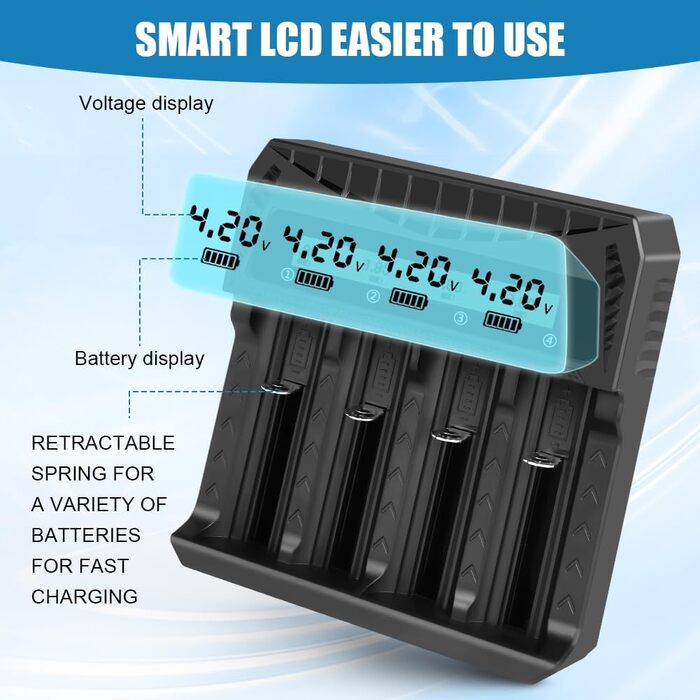 Зарядний пристрій для акумуляторів AXFEE: універсальна база для зарядки Ni-Mh/Ni-Cd AA AAA акумуляторів з LCD-дисплеєм та підтримкою 18650. Швидка зарядка 2000mAh. 4 слоти.