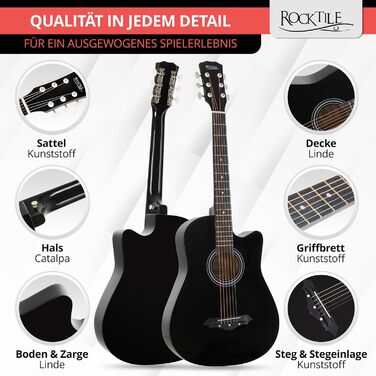 Rocktile WSD-5C-BK: Акустична гітара Western Slim Line - Комплект з чохлом, струнами, ременем та медіатором (Чорний)