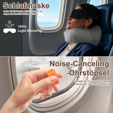Подушка для шиї в літак та авто з ефектом пам'яті (Memory Foam), набір для подорожей: маска для сну, беруші та сумка, сіра