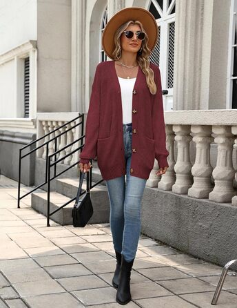 Жіноча в'язана жилетка Zeagoo з довгим рукавом, кардиган з ґудзиками, вільний V-подібний виріз, груба в'язка, повсякденна куртка для осені та зими (Бордовий, L)