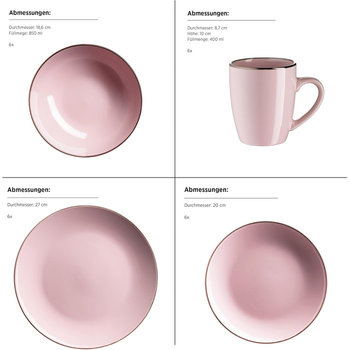 Сервіз посуду на 6 осіб, 24 частини, рожевий колір, з мідним кантом. Сервіз комбінований, Coupe-форма, для дому та ресторану