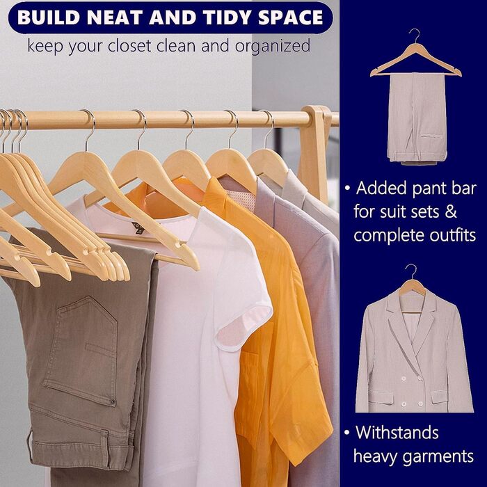 Amber Home 30-Piece 17.5-inch Natural Wooden Clothes Hangers with Bar and Notch, Sturdy Hanger for T-Shirt, Shirt, Suit, Coat, Dress, Wedding, Camisole