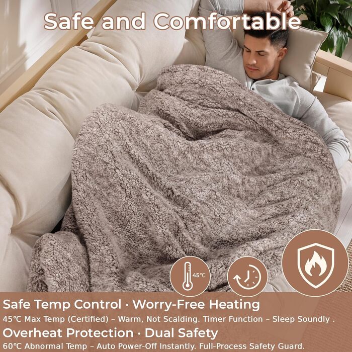 Електрична гріюча ковдра TLGREEN 180x130 см з м'якою підкладкою, імітація овечої шкури, з автовимкненням, двостороння, захист від перегріву, таймер, 9 температурних режимів, пральна, ковдра для дивана, ліжка, офісу, коричнево-сіра