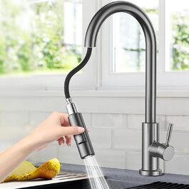 Кухонний змішувач Wasserhahn з висувною лійкою, поворотний на 360°, 2 функції, однорідний, для кухні (сірий)