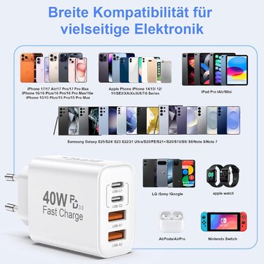 Зарядний пристрій USB-C 2-в-1, 4 порти 40W, PD 3.0 для iPhone 17/16/15/14/13/12/11 Pro/Max/Plus/XR/XS, iPad, Samsung - Швидка зарядка