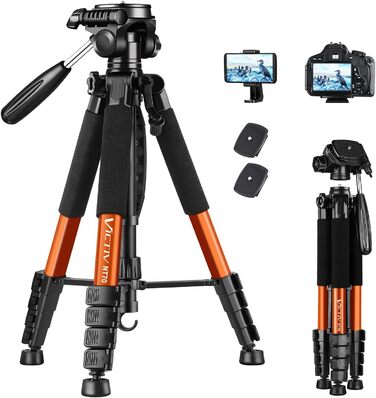 Штатив для камери Victiv 182 см, алюміній, легкий, компактний, для DSLR, 360° поворотний кулачковий кріплення, тримач для телефону, для YouTube, Vlog, відеоконференцій - оранжевий
