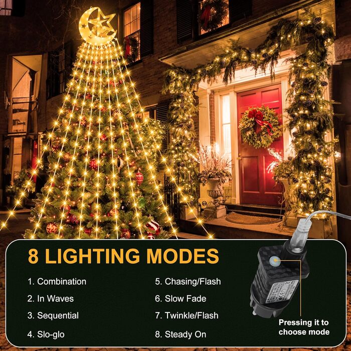 Гірлянда для ялинки 3,5м, 346 LED, 9 струмків, зірка-верхівка, 8 режимів, вологостійка, тепле біле світло