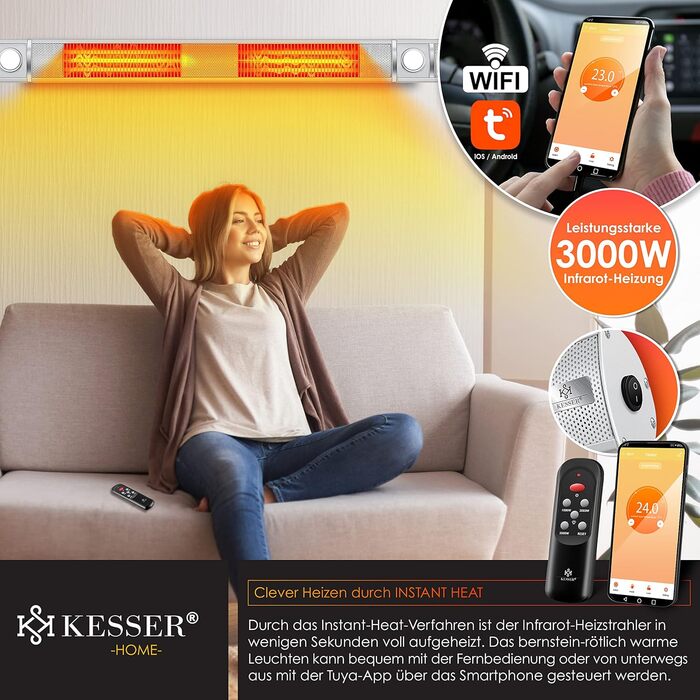 Інфрачервовий обігрівач KESSER® 3000W з LED-підсвічуванням та Wi-Fi, для тераси, кафе, бару, з пусковим пристроєм та захисним чохлом. Кварцовий настінний обігрівач (срібний)