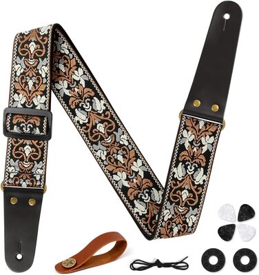 Гітарний ремінь Vintage з вишитою бавовною, регульований, з шкіряними кінцями, для бас-гітари, електро- та акустичної гітари, з пряжкою та 4 медіаторами (#7 жовтого та білого кольору)