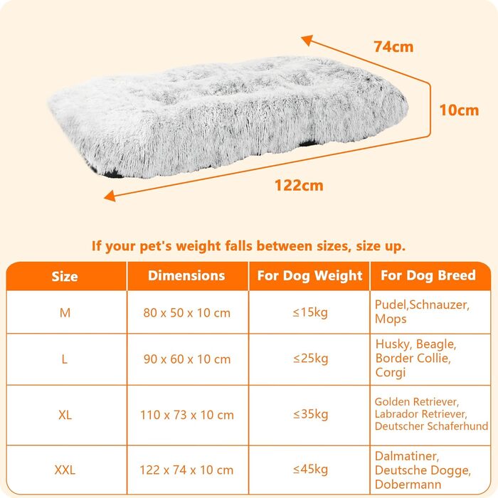 Dog Bed, Fluffy Dog Mats, Longer Plush Dog Cushion, Washable, Non-Slip Bottom, 110 cm for Medium and Large Dogs (L 122 x W 74 x H 10 cm, Light Gray)