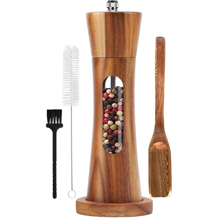 Дерев'яна мельниця для солі та перцю з підставкою, ручна, з регульованим керамічним жорном, 20 см