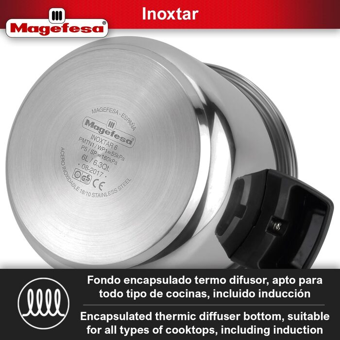 Скороварка Magefesa Inoxtar 10 л, нержавіюча сталь 18/10, індукція, здорове приготування, 5-шаровий термодно, поворотний замок
