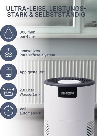 Увлажнитель воздуха Comedes Umecto 300 – для помещений до 45 м², тихий та енергоефективний, резервуар 2,8 л, продуктивність 300 мл/год, 99,9% менше бактерій завдяки холодному випаровуванню, для спальні, сумісний зі Smart Home
