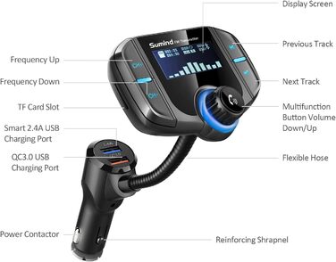 Bluetooth FM трансмітер з дисплеєм 1,7 дюйма та двома USB-портами, чорний