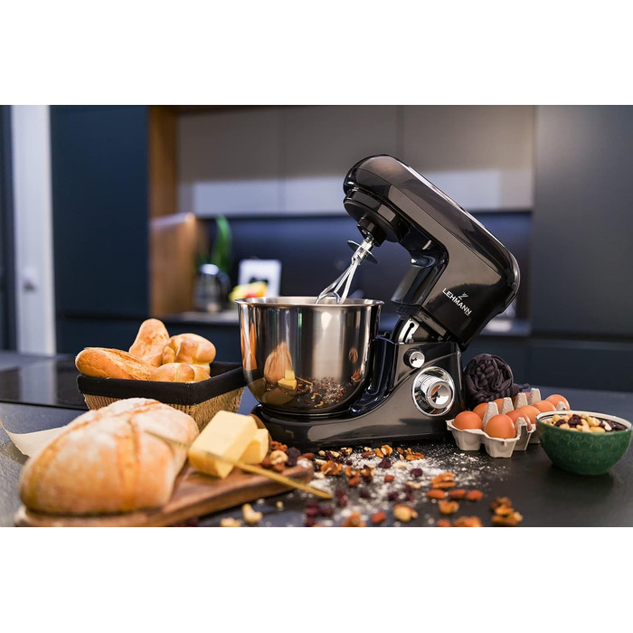 Lehmann Planetary Kitchen Machine with Stainless Steel Bowl 5 L, Multifunction Mixer 2200 W, 6 Speed Dough Machine, incl. Splash Guard, Dough Hook and Whisk (Black)