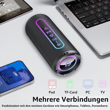 Портативна Bluetooth колонка 25W з підсвіткою, двопотоковим басом та захистом IPX7, TWS стерео, акумулятор на 24 години, чорна