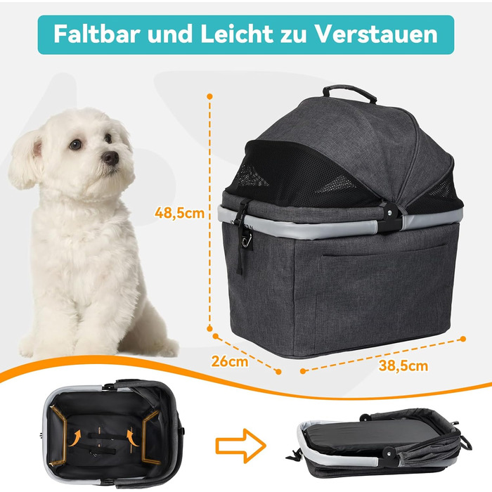 Кошик для велосипеда для собак до 12 кг з металевим каркасом, швидкознімний кріплення, сітчасте вікно, м'яке сидіння, світловідбиваючі смуги, складаний, для міських велосипедів