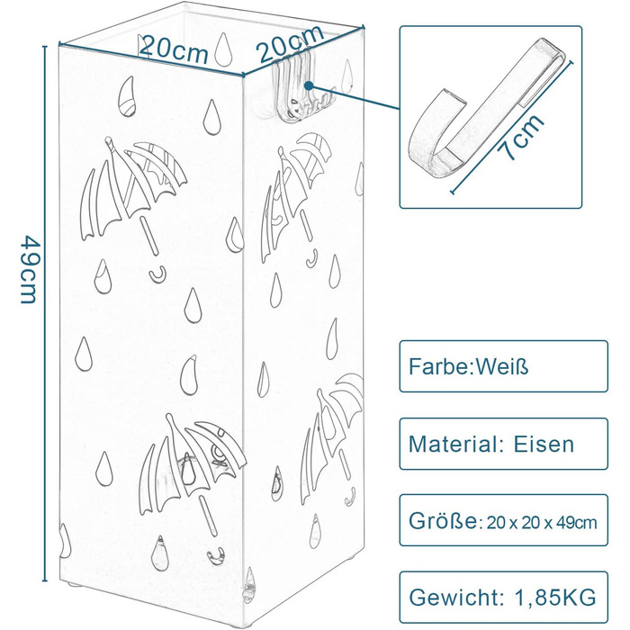 Lestarain Metal Umbrella Stand with Water Tray and Hooks - White Cube Design, 20x20x49cm