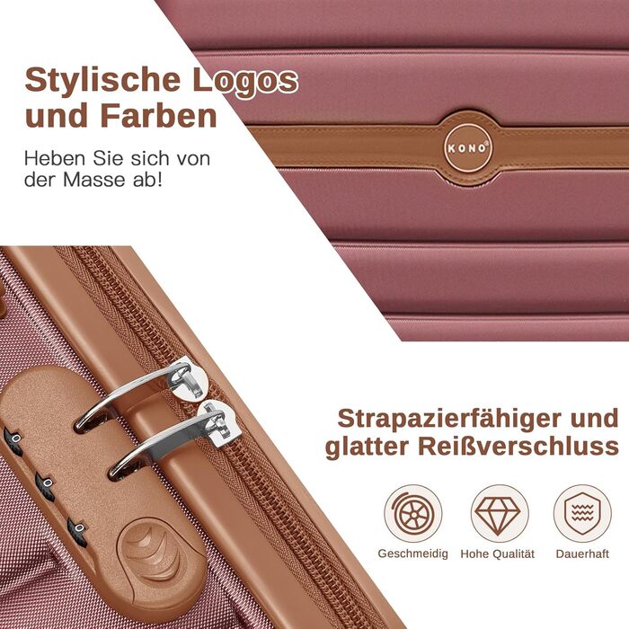 Чемодан KONO 3-в-1: ABS+PC, з коліщатками та кодовим замком (55см, ручна поклажа), червоно-коричневий