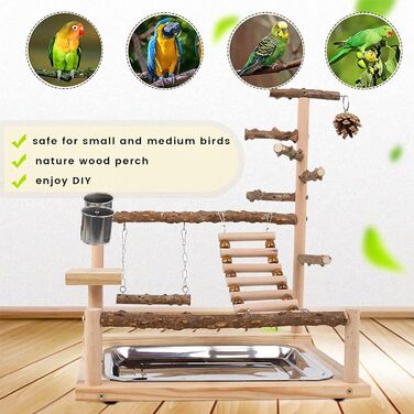 Canary Play Stand Bird Play Stand with Feeder Cup Toy Ladder Climbing Swing and Tray for Budgies, Cockatiels, Parrots, Wood, Size 45x37x26 cm #A
