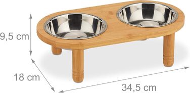 Підставка для корму Relaxdays для маленьких собак, 2 миски по 300 мл, піднята, бамбук та нержавіюча сталь, розміри: 9,5x34,5x18 см, колір: натуральний/сріблястий