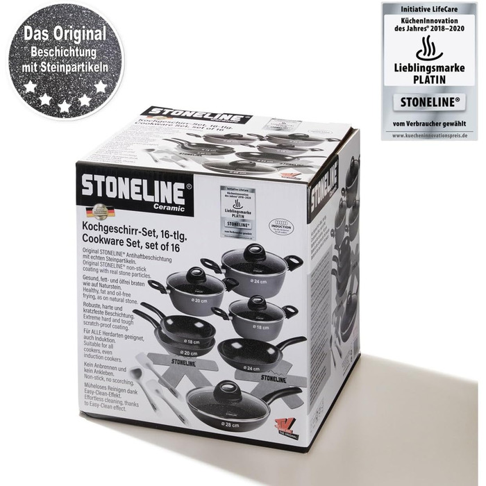 STONELINE Ceramic Cookware Set, 16-Piece, 18/20/24/28 cm Pots and Pans, PFAS-Free, Cookware Set with Lids, Ceramic Coating with Real Stone Particles, Grey, 16-Piece