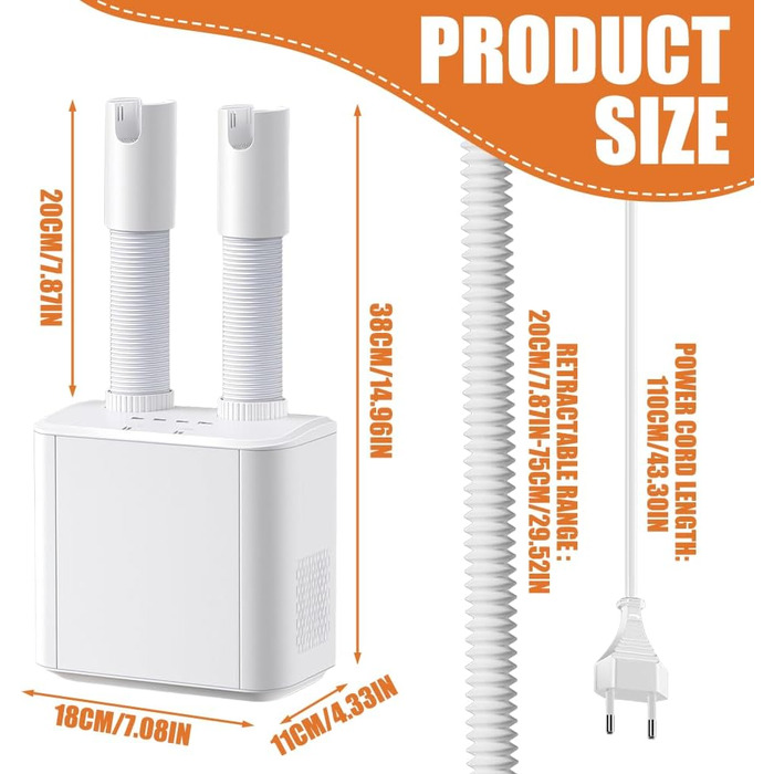 Електричний сушильник для взуття та рукавичок: телескопічний, з таймером, постійна температура, для взуття, шкарпеток, гірськолижних черевиків (білий)