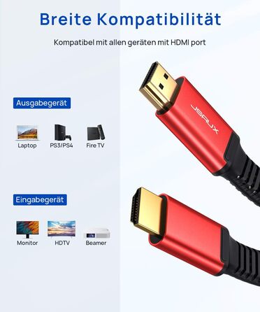 Кабель HDMI JSAUX 4K 3 метри: підтримка 4K@60Hz, HDR, UHD 2160p, Ethernet, ARC, для PS3/4, TV, PC (червоний)
