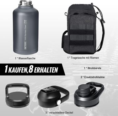 OneTigris Stainless Steel Water Bottle, 1.9L High Capacity, Insulated Sports Bottle for Cycling, Camping, Yoga, Gym, Softair, OD Green, 64oz (Gray)