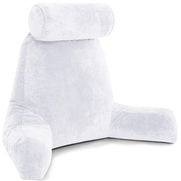 Подушка для чоловіка з підлокітниками - велика, для читання та відпочинку в ліжку. Висока спинка, преміум піна з пам'яті, знімна подушка для шиї на банджі. Білий колір | Оригінальна версія