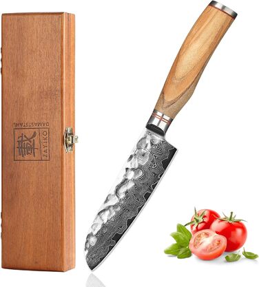 Японський ніж Santoku Zayiko Minami Premium з 12 см лезом з дамаської сталі 67 шарів, ручка з оливкового дерева, дерев'яна коробка. Кухонний ніж для професіоналів та дому без гравіювання