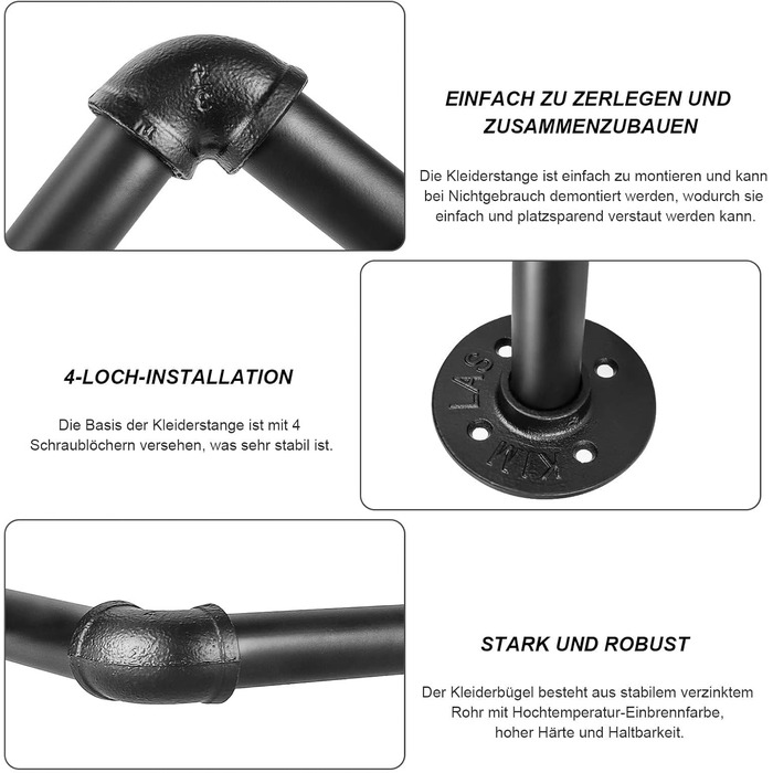 Wall-Mounted Clothes Rack, Pipe Clothes Rail, Industrial Style Wall Hanger, Detachable Metal Clothes Rod, Coat Rack, Bedroom for Hallways, Living Room, Bedroom (100cm)