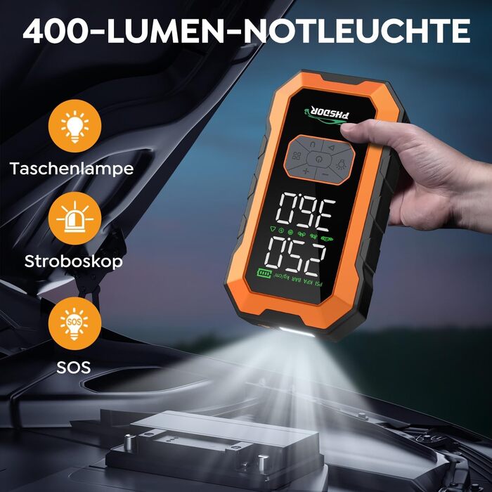 Пусковий пристрій (бустер) 8000A з компресором 150PSI та Powerbank 25000mAh для авто (бензин до 12л, дизель до 10л), з LED-ліхтарем, помаранчевий