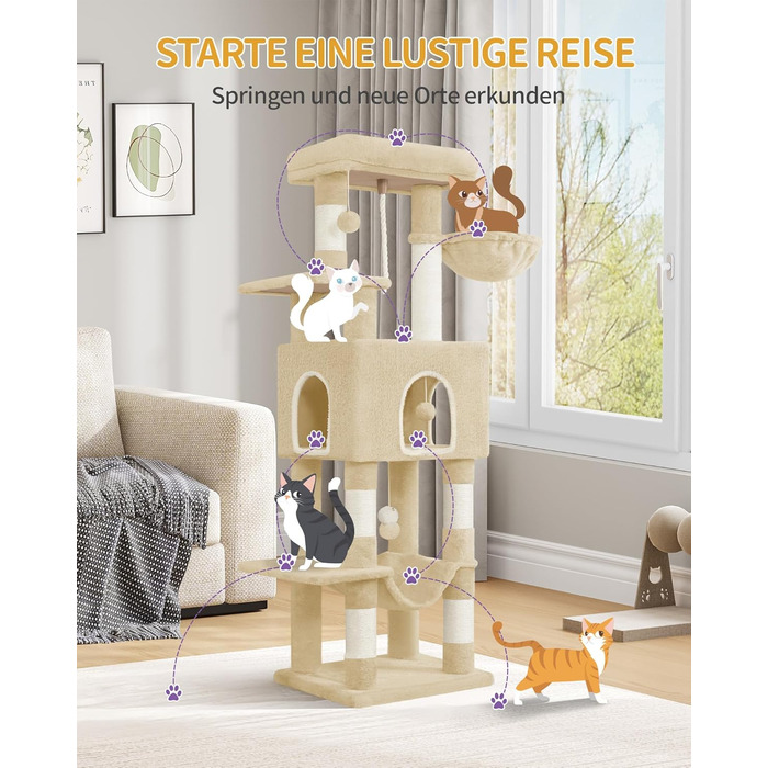 Дерев'яний будиночок для котів Hzuaneri Kratzbaum, 149 см, з 5 стовпчиками для шліфування, платформами, затишною печерею, багатоповерховий центр активності для котів, помпонами, бежевий (MS14918LG)