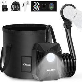 Портативна душова кабіна WADEO з акумулятором, насосом та підсвічуванням, 120 хвилин роботи, LED-підсвічування, комплект мобільної душової з 2м шлангом, душовою насадкою, тримачем та відром для душу, для саду, миття авто, тварин, пляжу, подорожей, чорного кольору, з відром на 20л