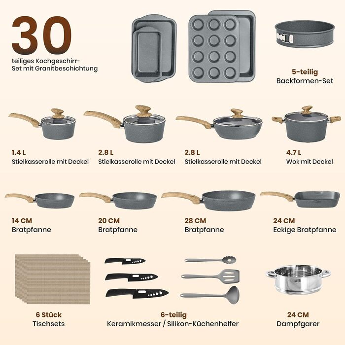 Набір гранітних каструль та сковорідок Kitchen Academy для індукційних плит, 30 предметів, сірий